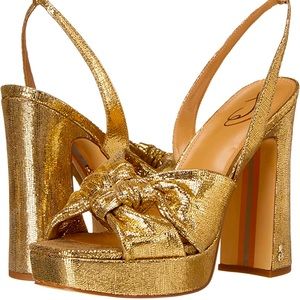 Sam Edelman Kristen Gold Platform Sandals 10 Block Heel Metallic Pump Glitter